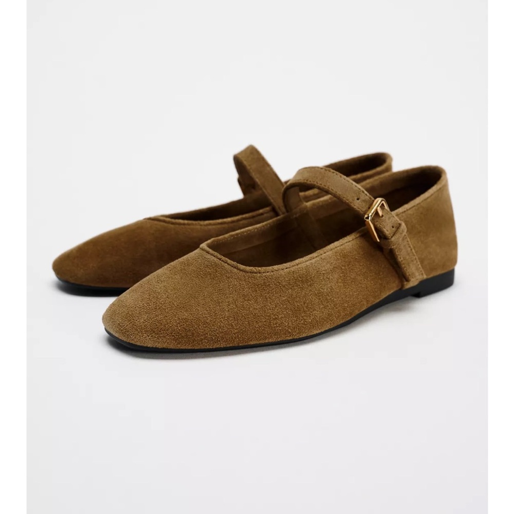 Zara Brown Suede Mary Jane Flats